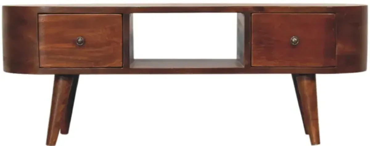 Chestnut Rounded Solid Wood 2 Drawer  Coffee Table with Open Slot