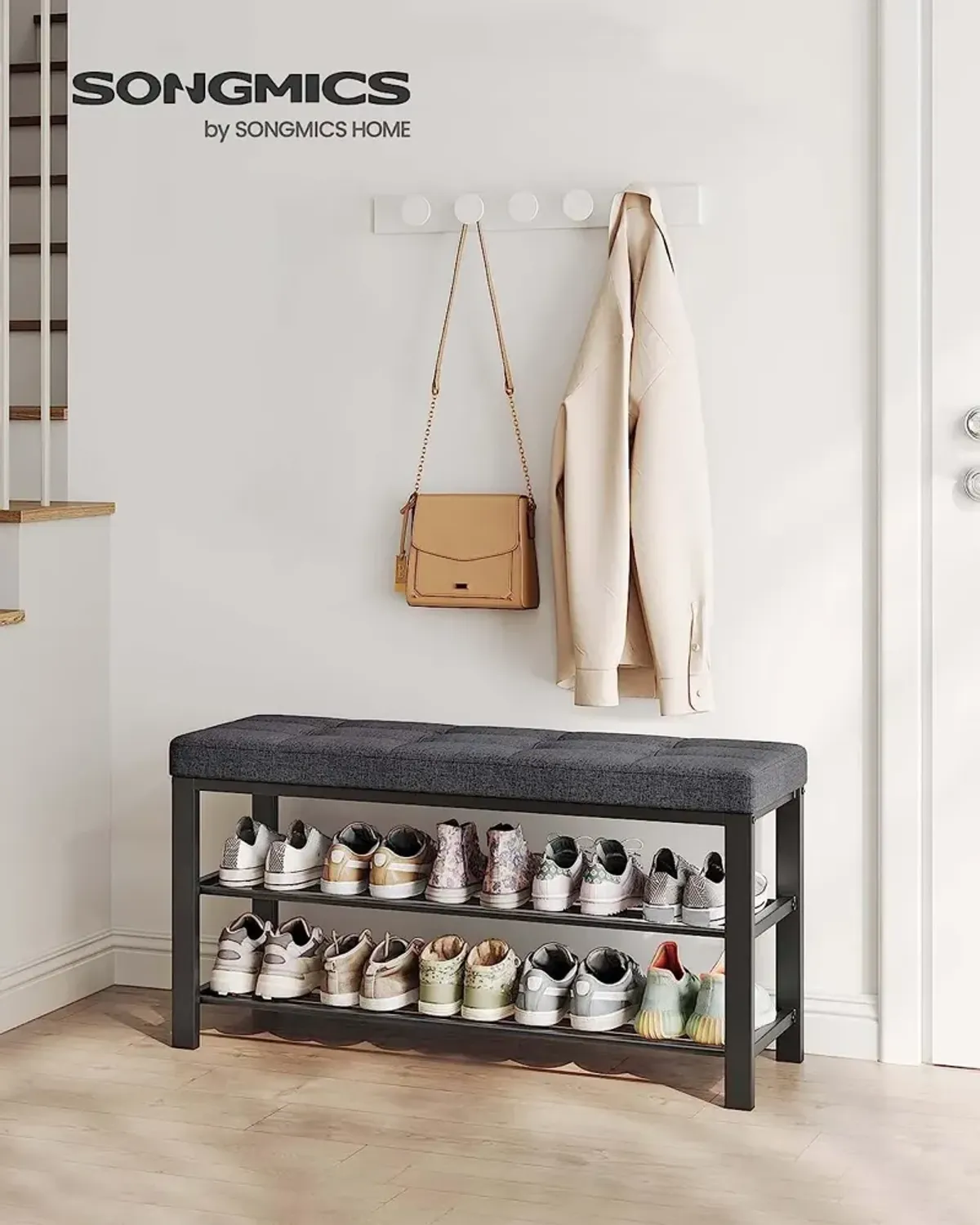 3-Tier Shoe Bench with Foam Padded Seat - Linen Storage Organizer with Metal Frame for Entryway