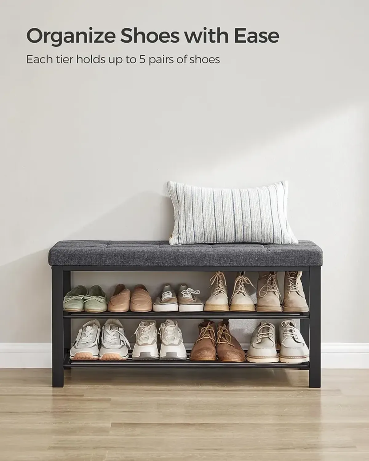 3-Tier Shoe Bench with Foam Padded Seat - Linen Storage Organizer with Metal Frame for Entryway