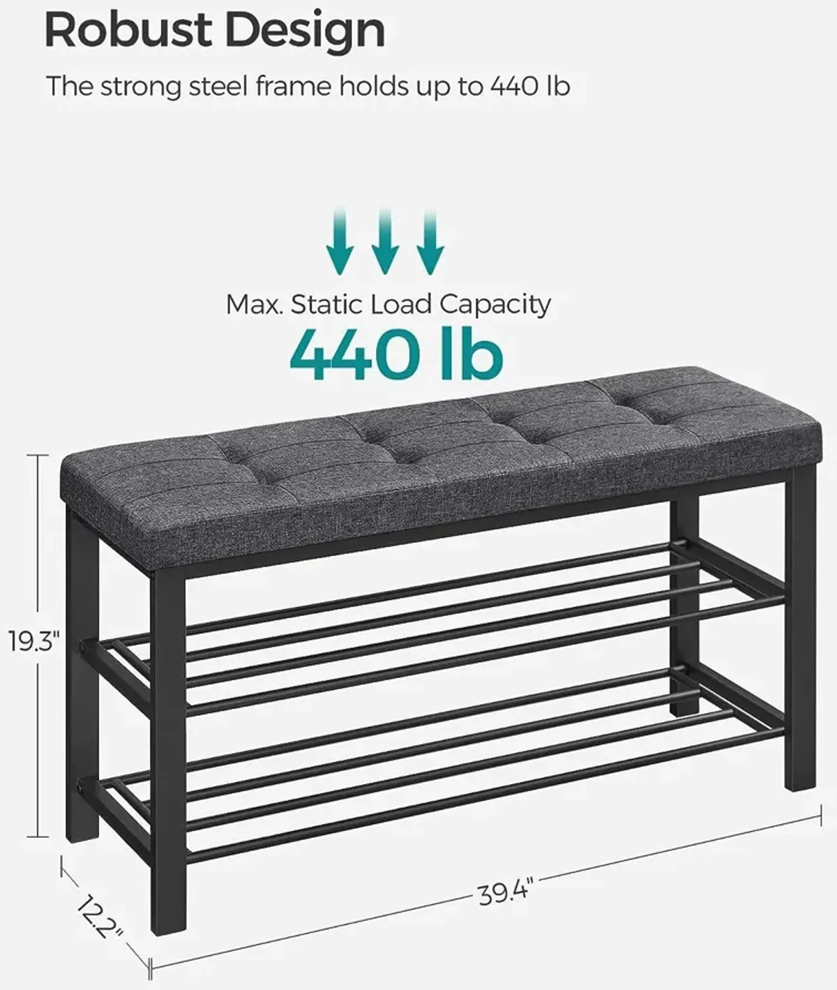 3-Tier Shoe Bench with Foam Padded Seat - Linen Storage Organizer with Metal Frame for Entryway