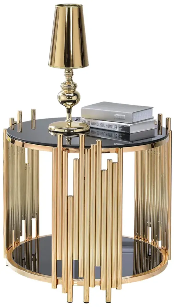 Modern Metal and Glass End Table with Tubing Design, Black and Gold-Benzara