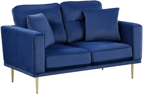 Voxo Loveseat with 2 Accent Pillows, Blue Velvet Padded Seat, 58 Inch - Benzara