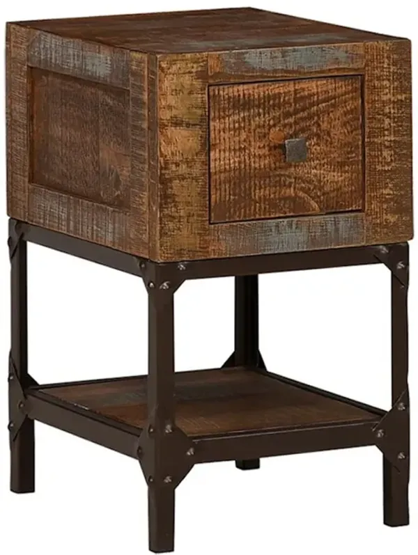 Benjara Itzy 23 Inch Chairside End Table with Drawer, Pine and Mango Wood, Brown and Gold Tone
