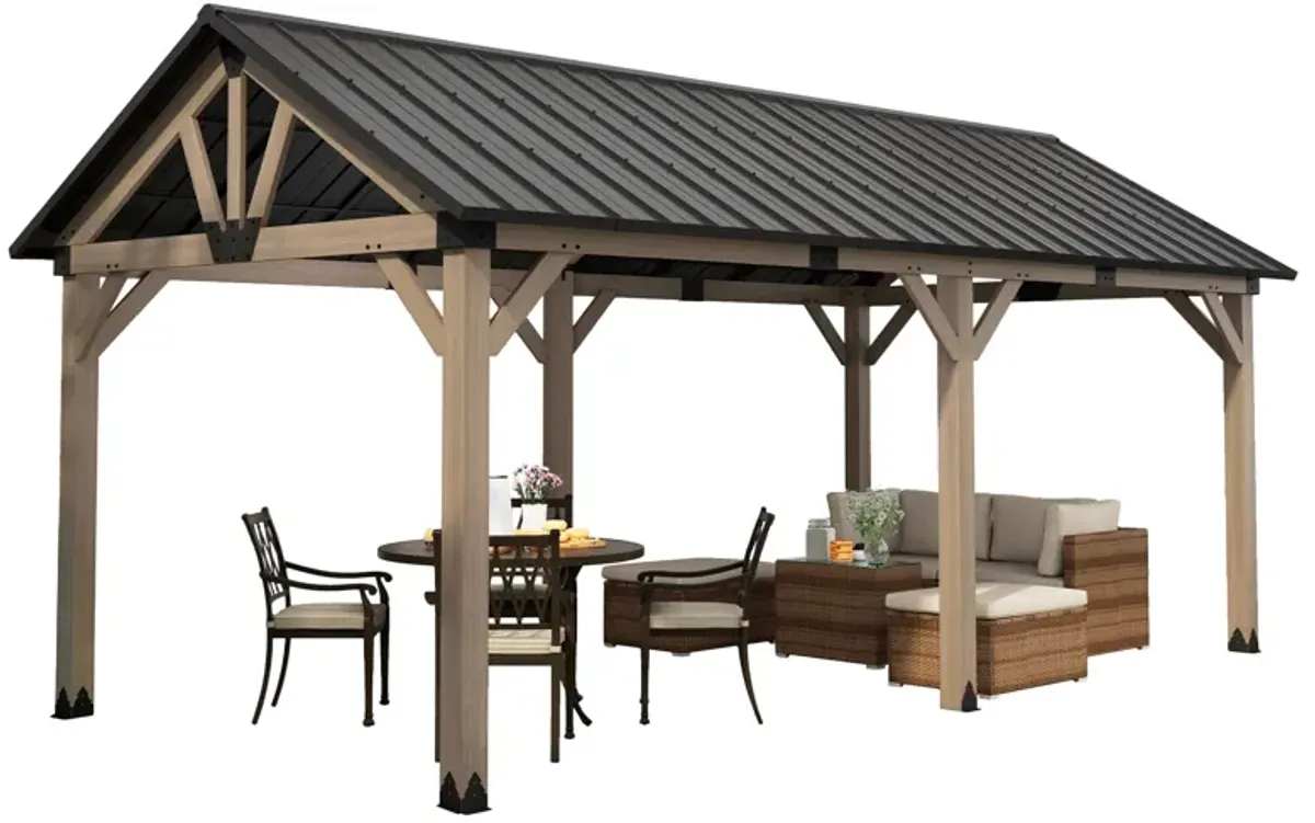 MONDAWE 12 x 20 ft. Wood Gazebo Cedar Framed Wooden Gazebo Patio Steel Hardtop Gazebo with Galvanized Steel Gable Hardtop Roof for Patio Lawn Backyard, Black Roof + Dark Wood Frame - Greenwich Serie