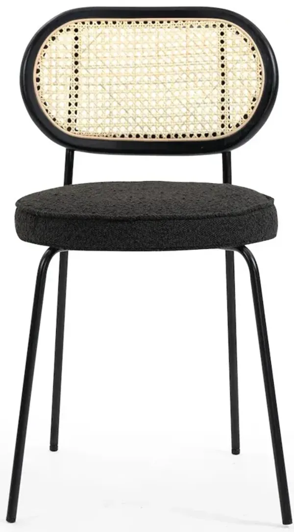 Glamour Home Set of 2 Black Boucle Fabric Dining Chair Rattan Backrest and Black Chrome Legs