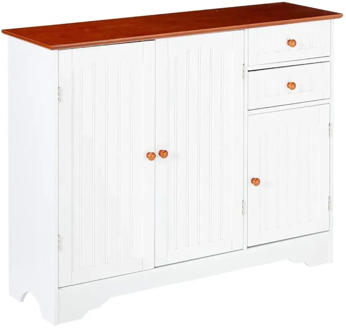 Hivvago White Wood Sideboard Buffet Cabinet with Walnut Finish Top and Knobs