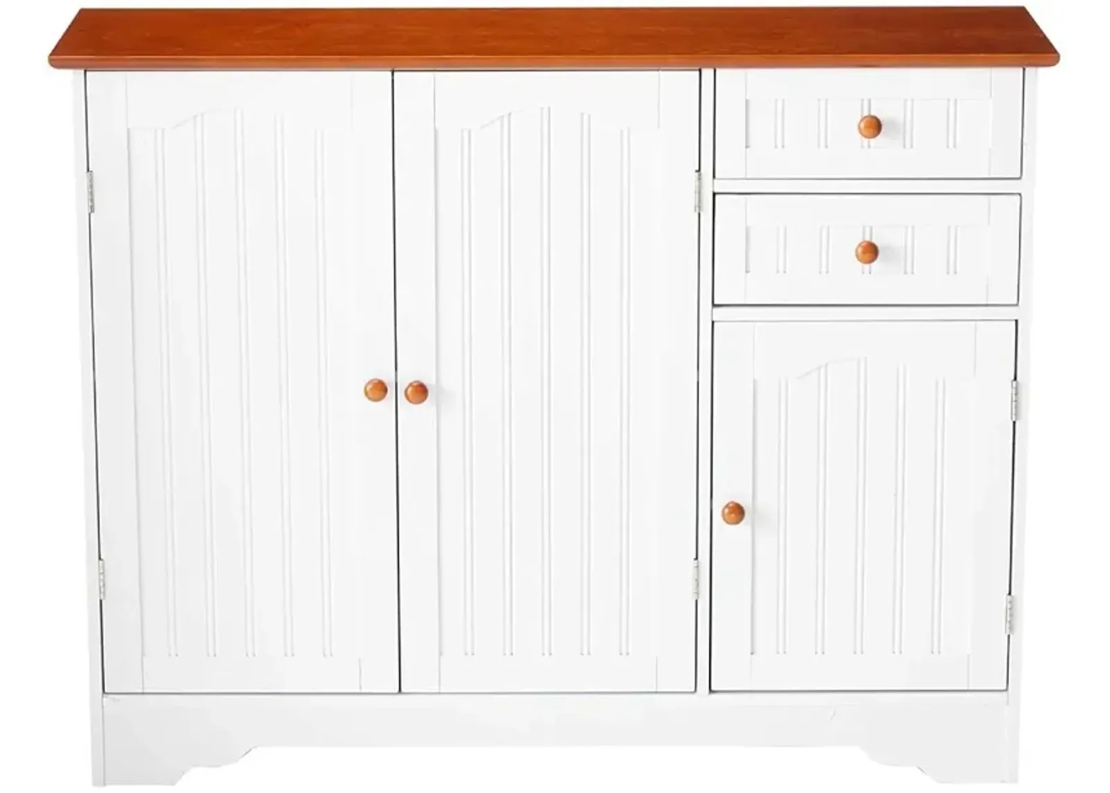 Hivvago White Wood Sideboard Buffet Cabinet with Walnut Finish Top and Knobs