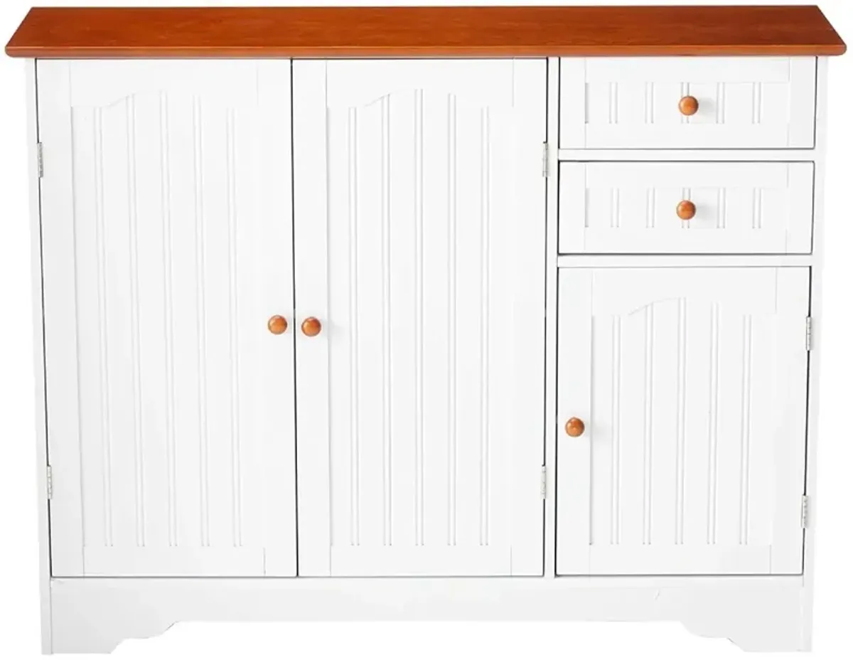 Hivvago White Wood Sideboard Buffet Cabinet with Walnut Finish Top and Knobs