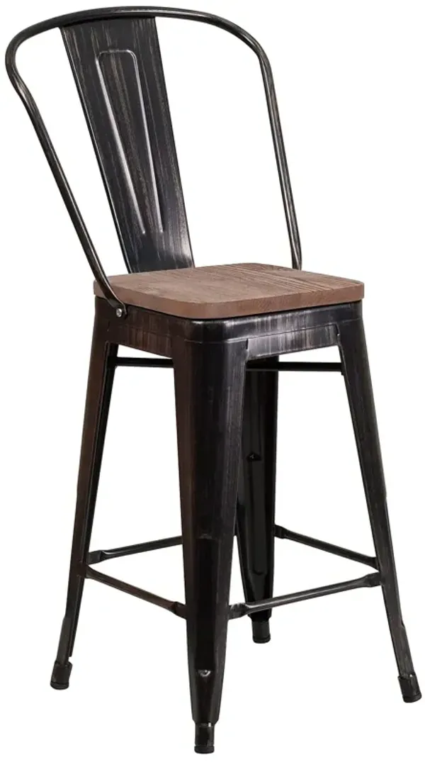 Flash Furniture Lily 24" High Black-Antique Gold Metal Counter Height Stool with Back and Wood Seat