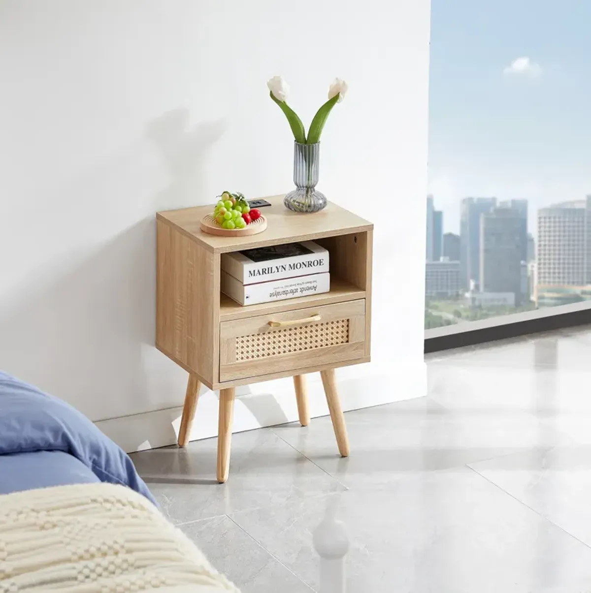 Rattan End table with Power Outlet & USB Ports , Modern nightstand with drawer and solid wood legs, side table for living roon, bedroom,natural