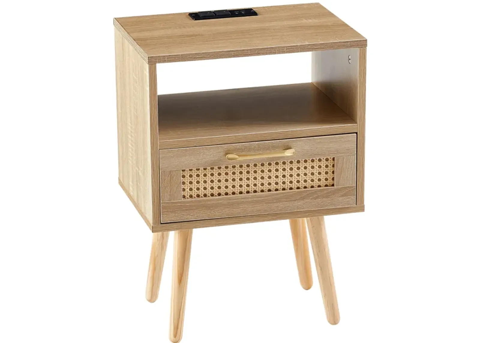 Rattan End table with Power Outlet & USB Ports , Modern nightstand with drawer and solid wood legs, side table for living roon, bedroom,natural