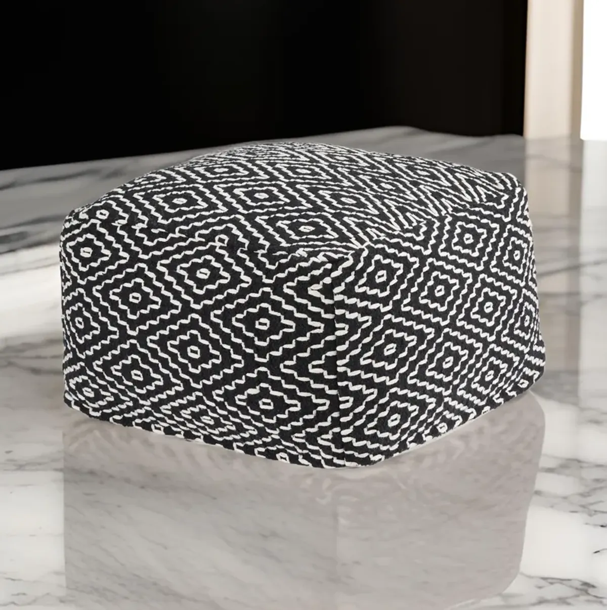 Sena 22 Inch Ottoman Pouf, Handwoven Pattern, Cotton Cover, Black White -