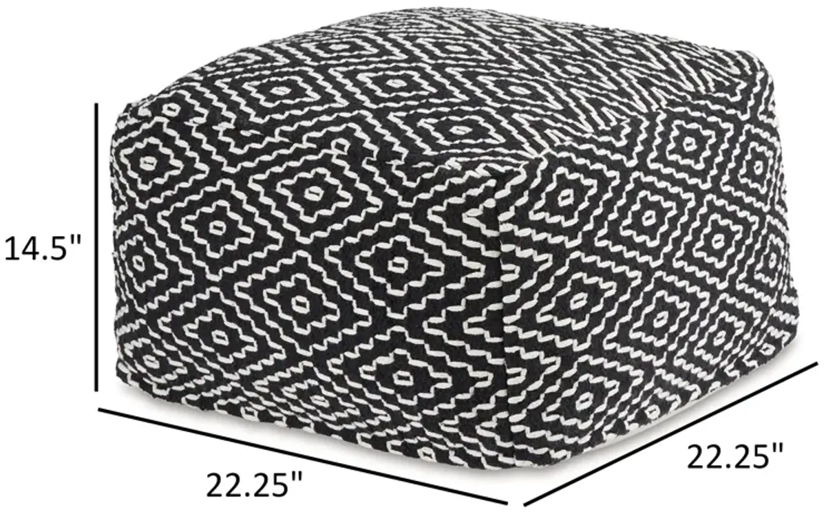 Sena 22 Inch Ottoman Pouf, Handwoven Pattern, Cotton Cover, Black White -