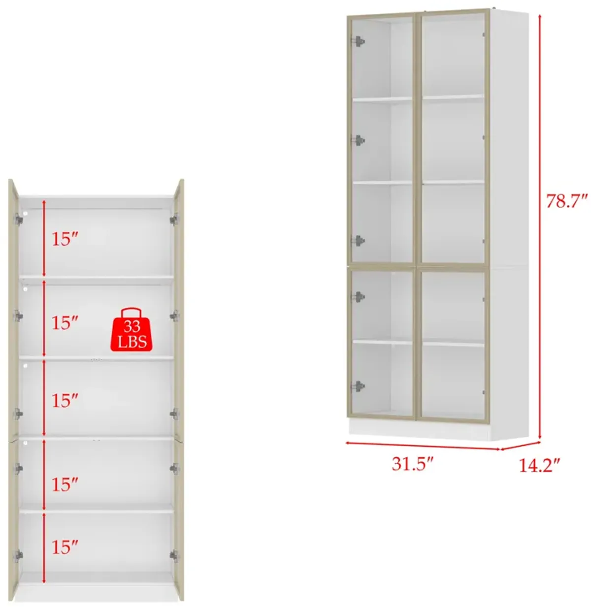 FUFU&GAGA Tall Wardrobe with Glass Doors and Adjustable Shelves for Closet or Wardrobe Room (31.5" W x 14.2" D x 78.7" H) White