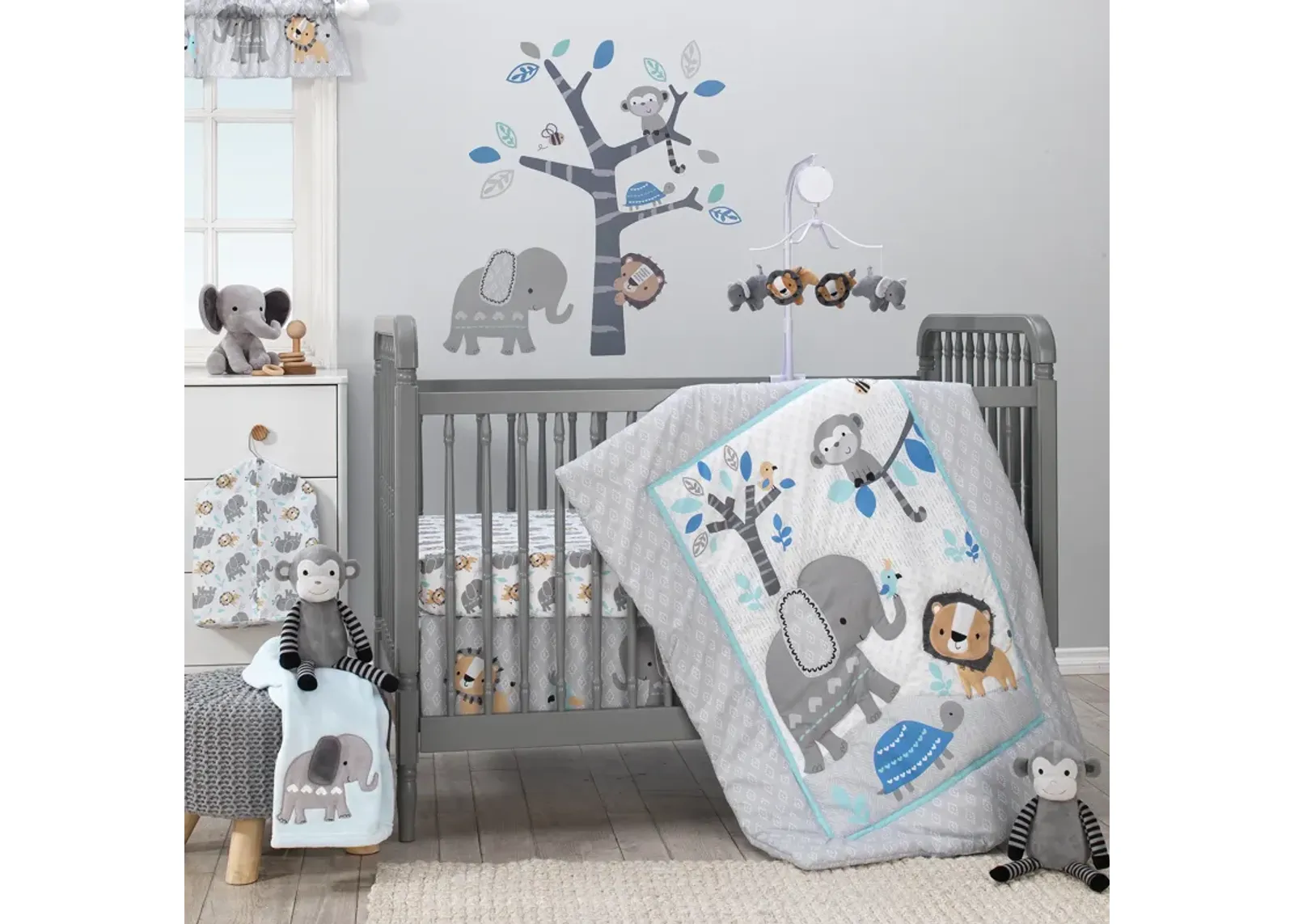 Bedtime Originals Jungle Fun 3-Piece Crib Bedding Set - Blue, Gray, White