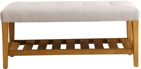 Upholstered Polyester Bench with Open Shelves for Entryway or Bedroom Storage