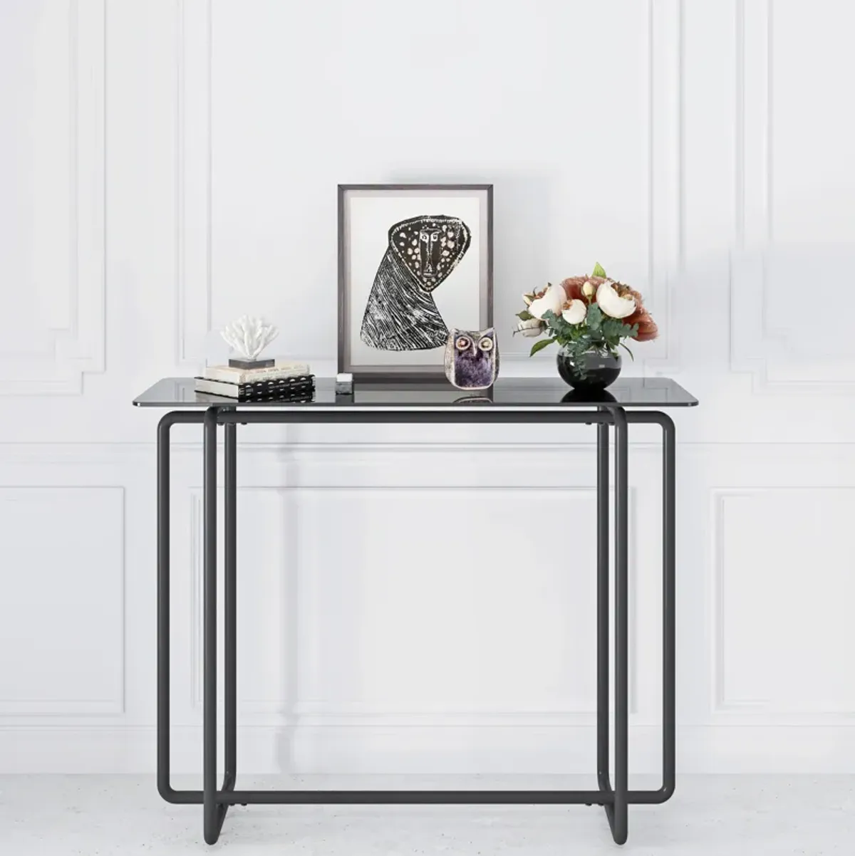 Console Table Single Layer Tempered Glass Rectangular Porch Table with Black Legs Double Tempered Glass Tea Table