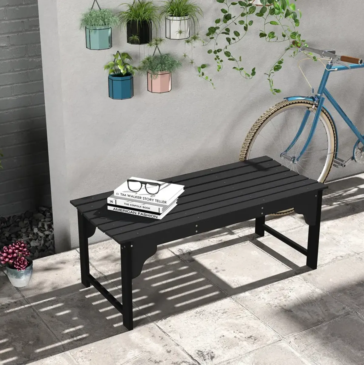 Outsunny Wooden Garden Bench, Outdoor Park Bench with Slatted Seat, Backless Front Porch Bench with Curved Seat for Conservatory, Garden, Poolside, Deck, Black