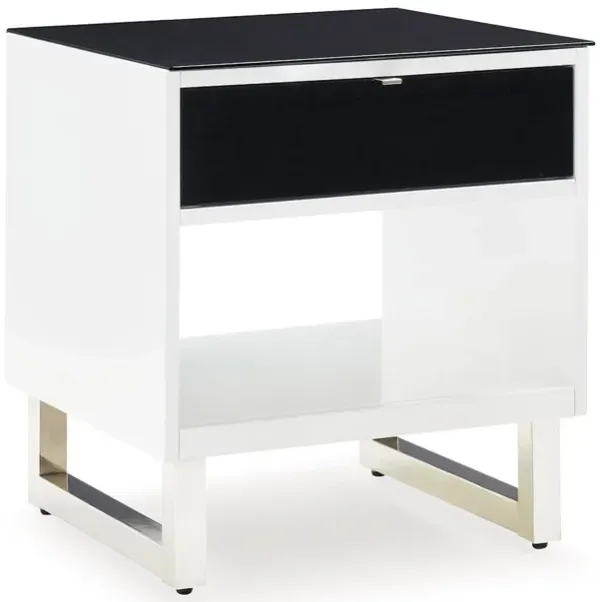 Tonny Side End Table, Drawer and Shelf, Black Glass, White, 22 Inch - Benzara