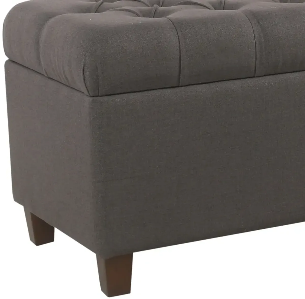 Fabric Upholstered Button Tufted Wooden Bench With Hinged Storage, Dark Gray and Brown - Benzara