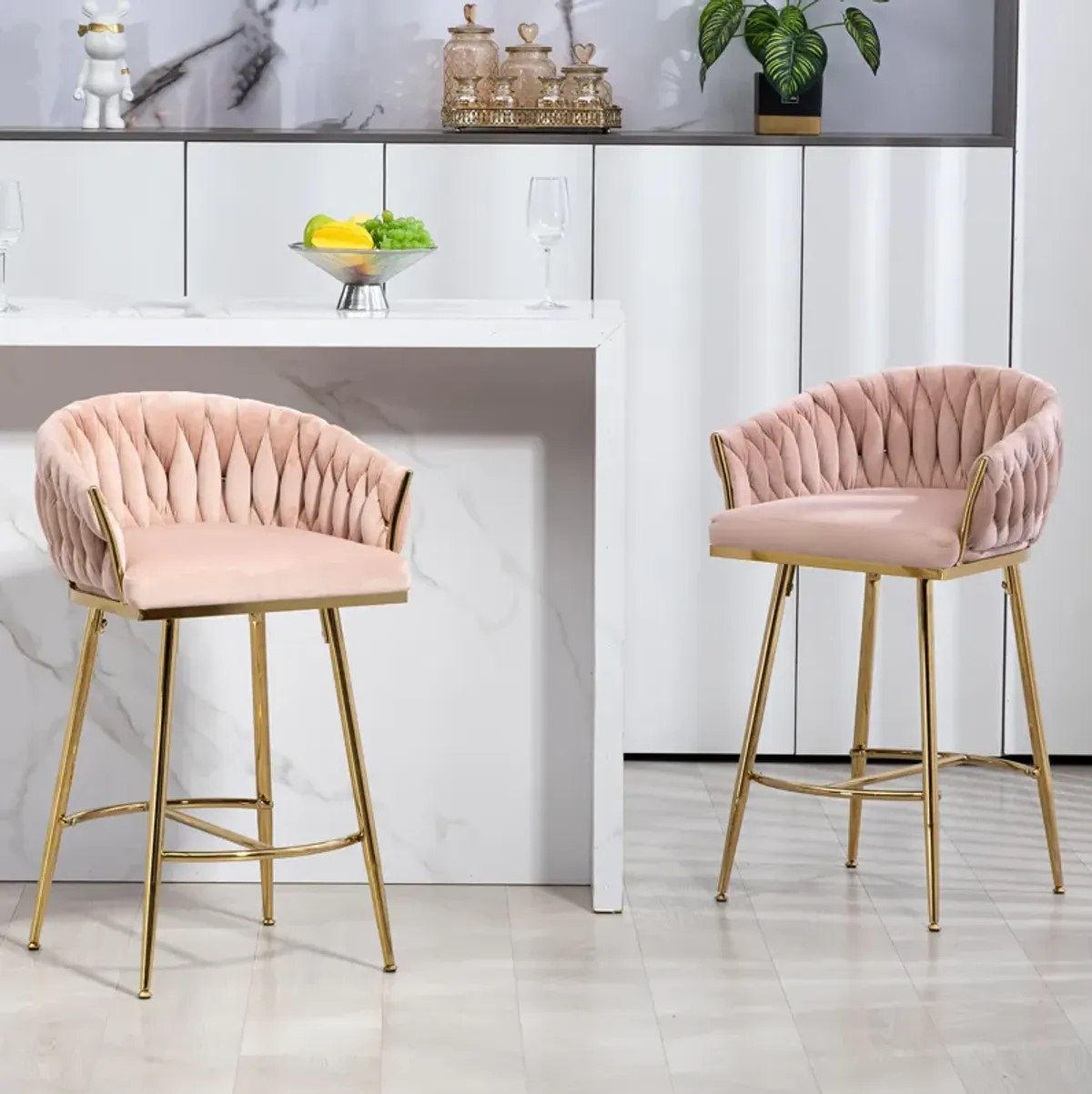 26'' Counter height bar stools Set of 2 kitchen island counter bar stool with hand- wave back,golden chromed base and footrest Pink