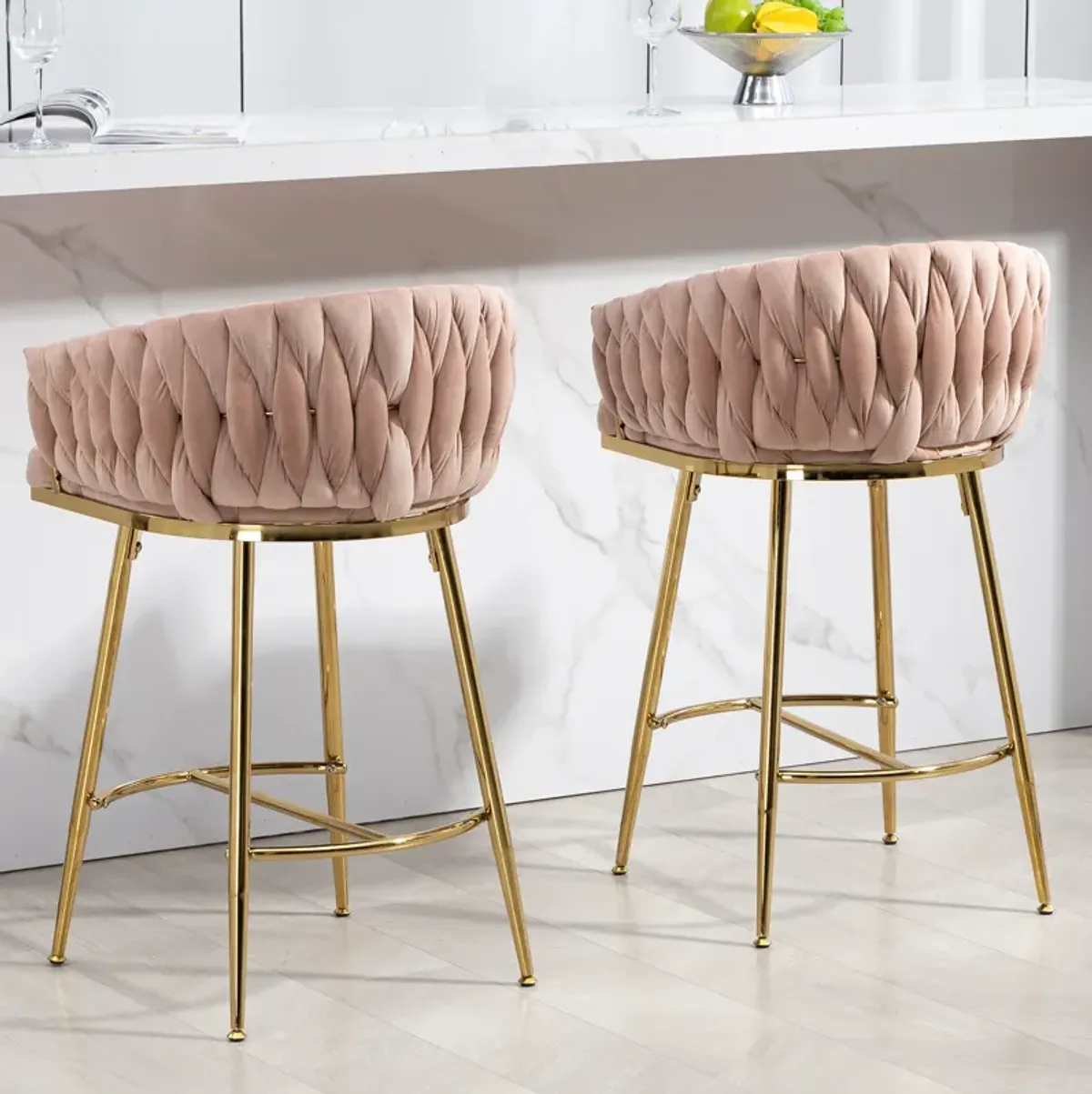 26'' Counter height bar stools Set of 2 kitchen island counter bar stool with hand- wave back,golden chromed base and footrest