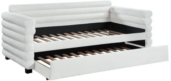 Ricia Twin Daybed with Trundle, Layered Bolster Design, White Boucle - Benzara