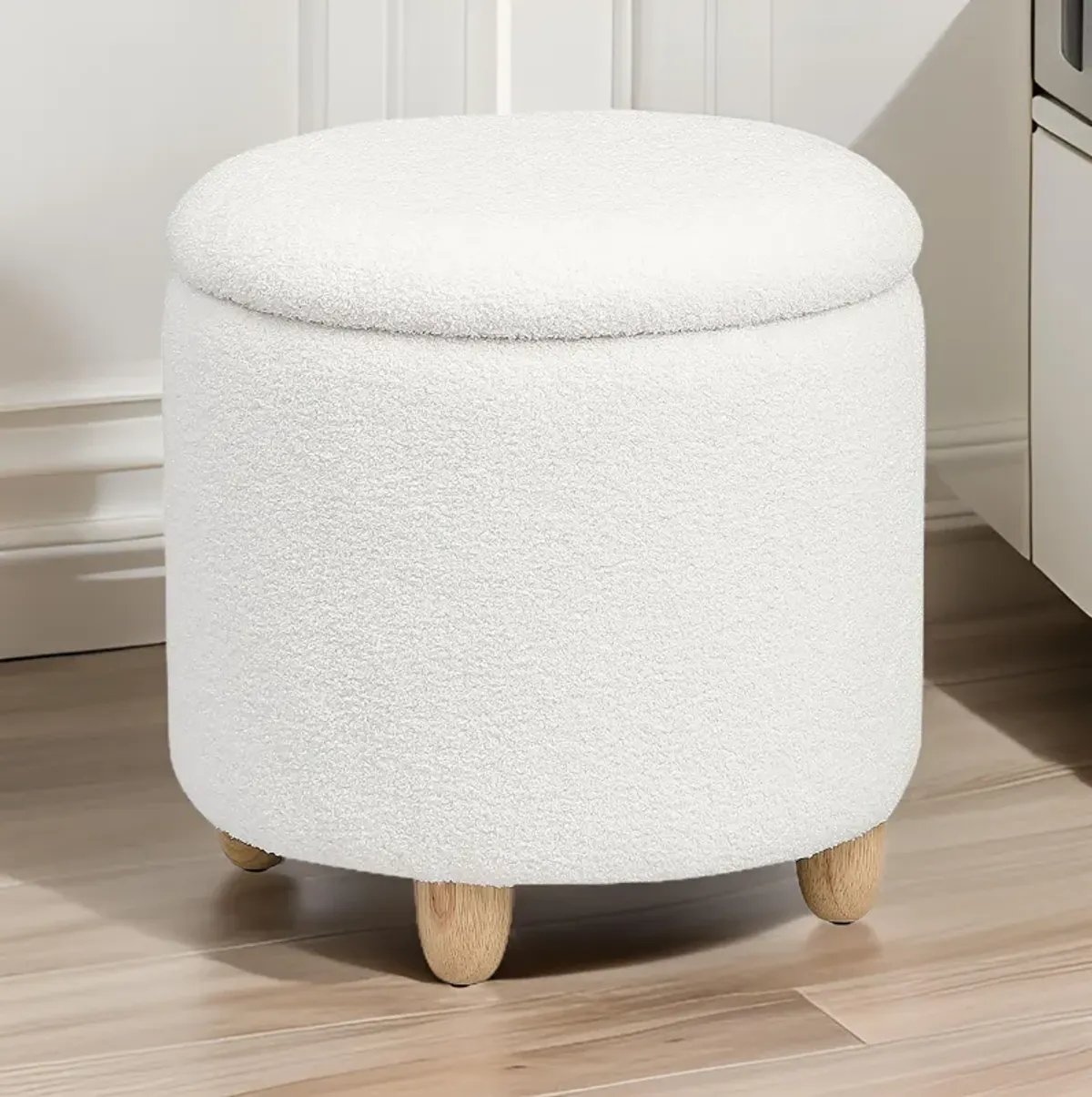 Aia 18 Inch Storage Ottoman, White Faux Sheepskin, Round Rubberwood Feet - Benzara