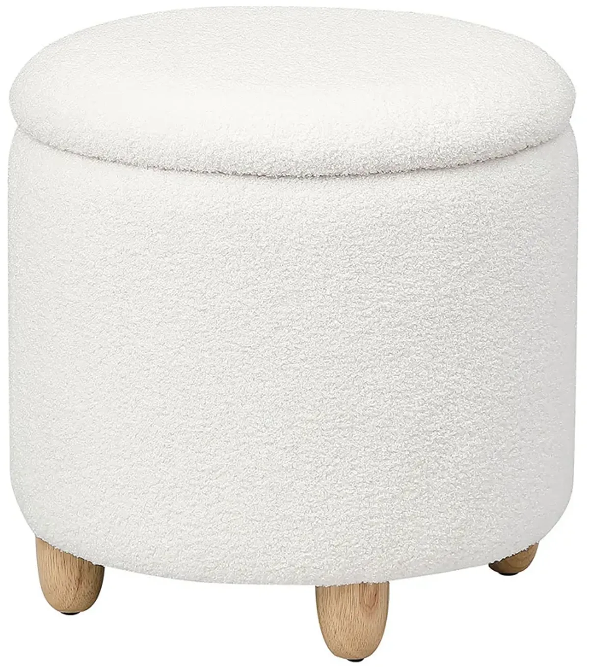 Aia 18 Inch Storage Ottoman, White Faux Sheepskin, Round Rubberwood Feet - Benzara