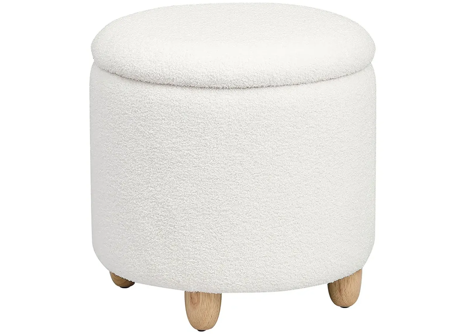 Aia 18 Inch Storage Ottoman, White Faux Sheepskin, Round Rubberwood Feet - Benzara