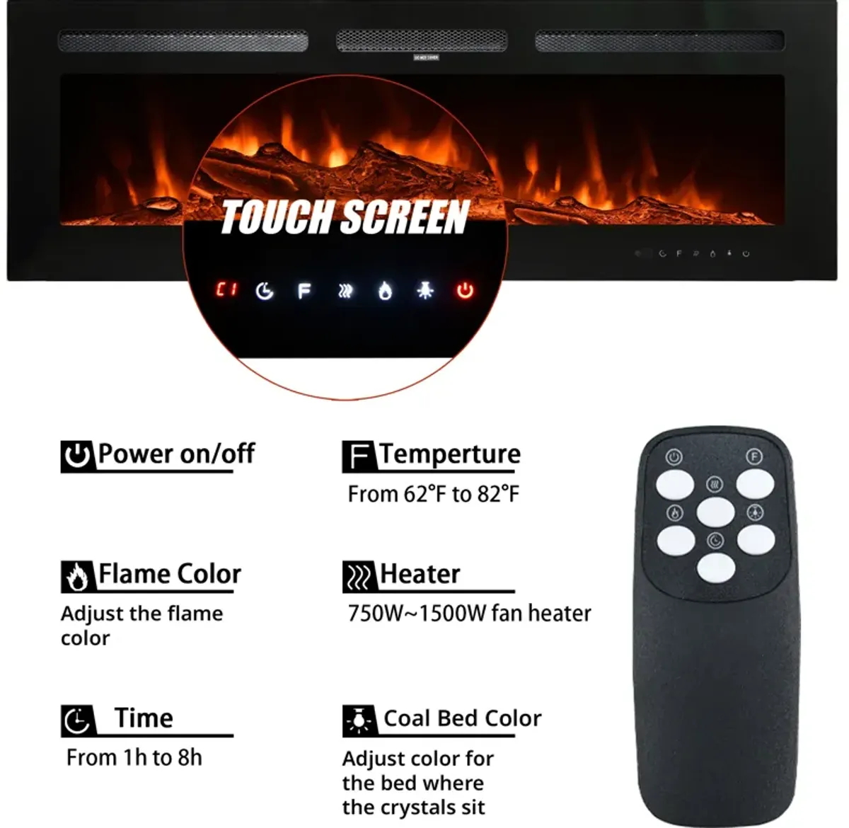 MONDAWE 50" Recessed Wall-Mounted Electric Fireplace 5000 BTU Heater with Remote Control