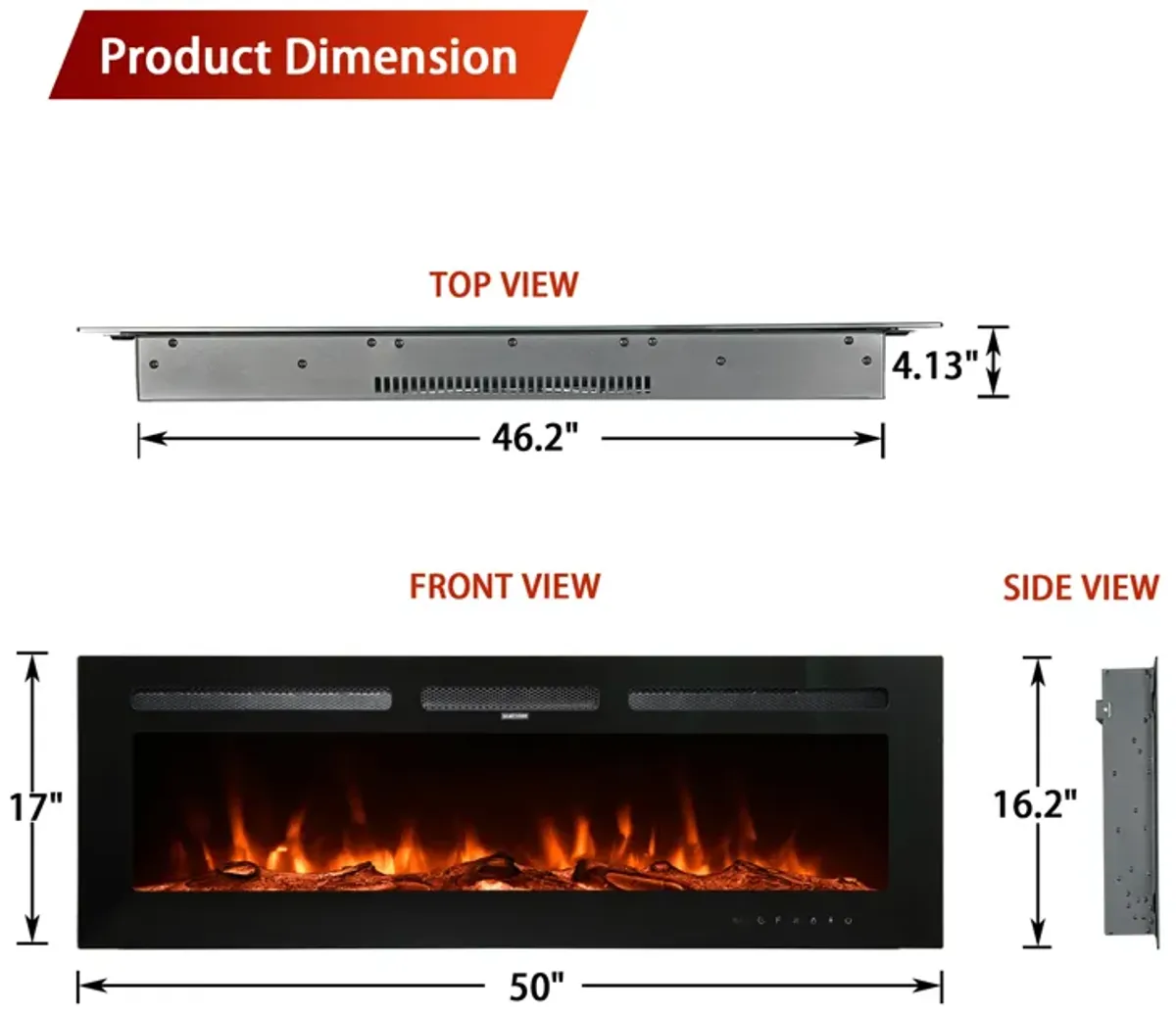 MONDAWE 50" Recessed Wall-Mounted Electric Fireplace 5000 BTU Heater with Remote Control