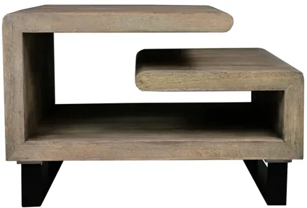 30 Inch Handcrafted Geometric G Coffee Table, Weathered Gray Mango Wood Frame, Black Powder Coated Base