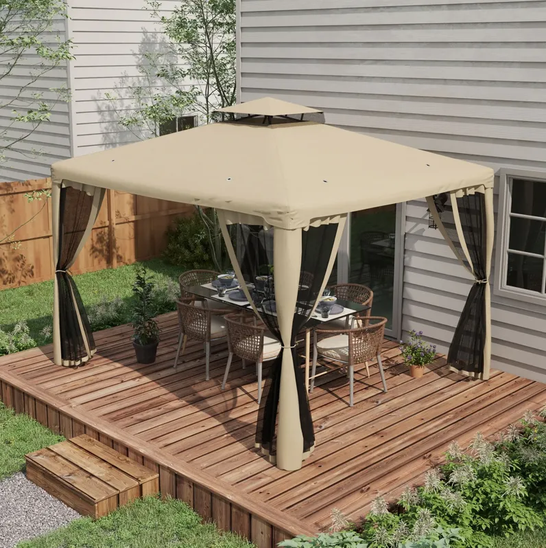 Outsunny 10' x 12' Patio Gazebo Outdoor Canopy Shelter with 2-Tier Roof and Netting, Steel Frame for Garden, Lawn, Backyard and Deck, Taupe