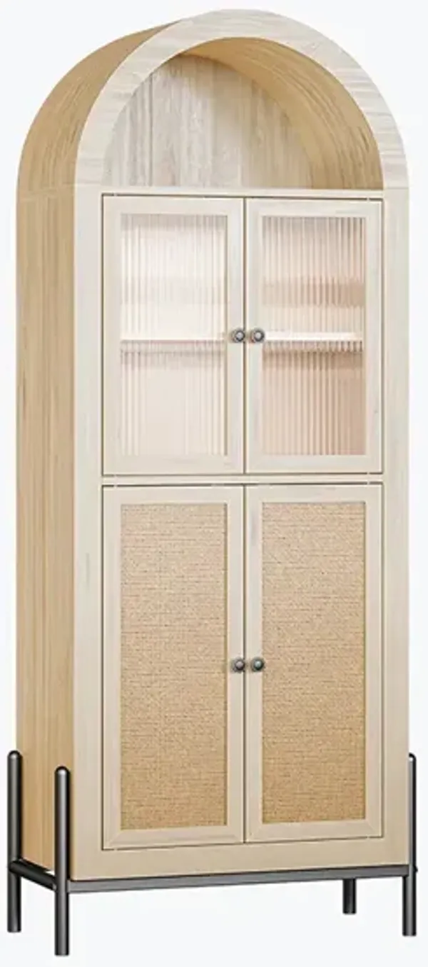 BELLEZE 65 Inch Storage Cabinet, Freestanding Arched Bookshelf for Living Room, Curio Cabinet with Reeded Glass Door, Storage and Organizer Cabinet with Adjustable Shelves for Kitchen - White Lotus