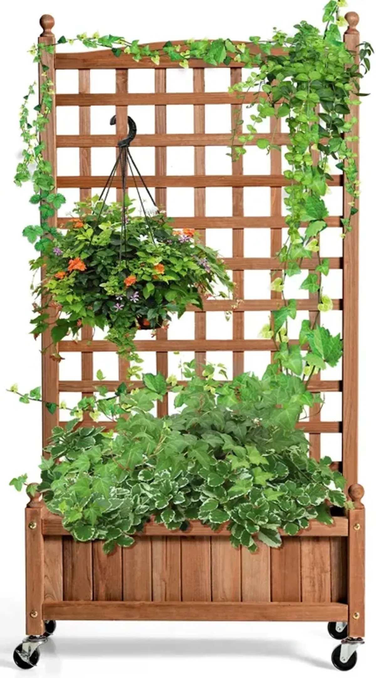 50 Inch Wood Planter Box with Trellis Mobile Raised Bed for Climbing Plant