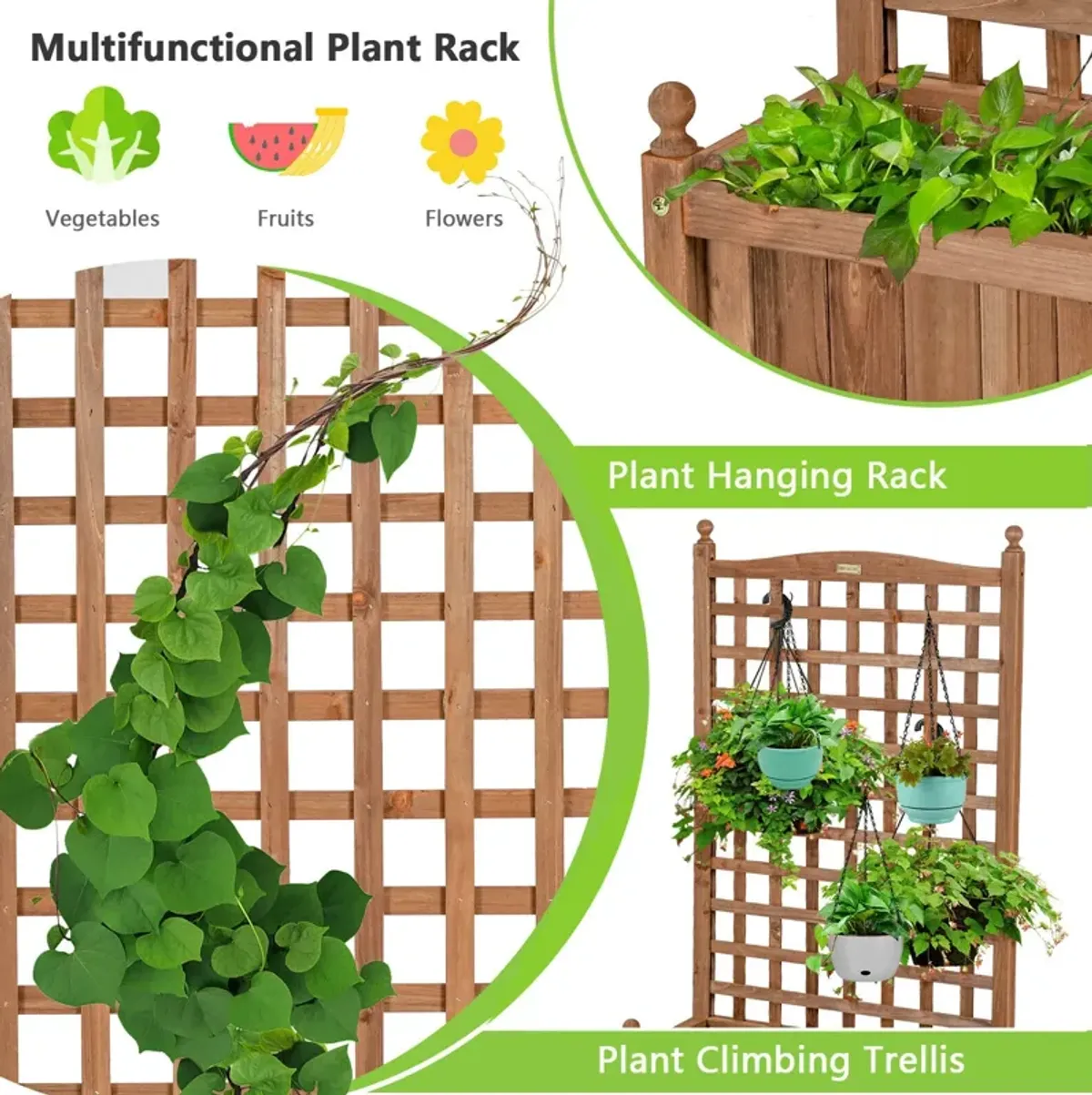 50 Inch Wood Planter Box with Trellis Mobile Raised Bed for Climbing Plant