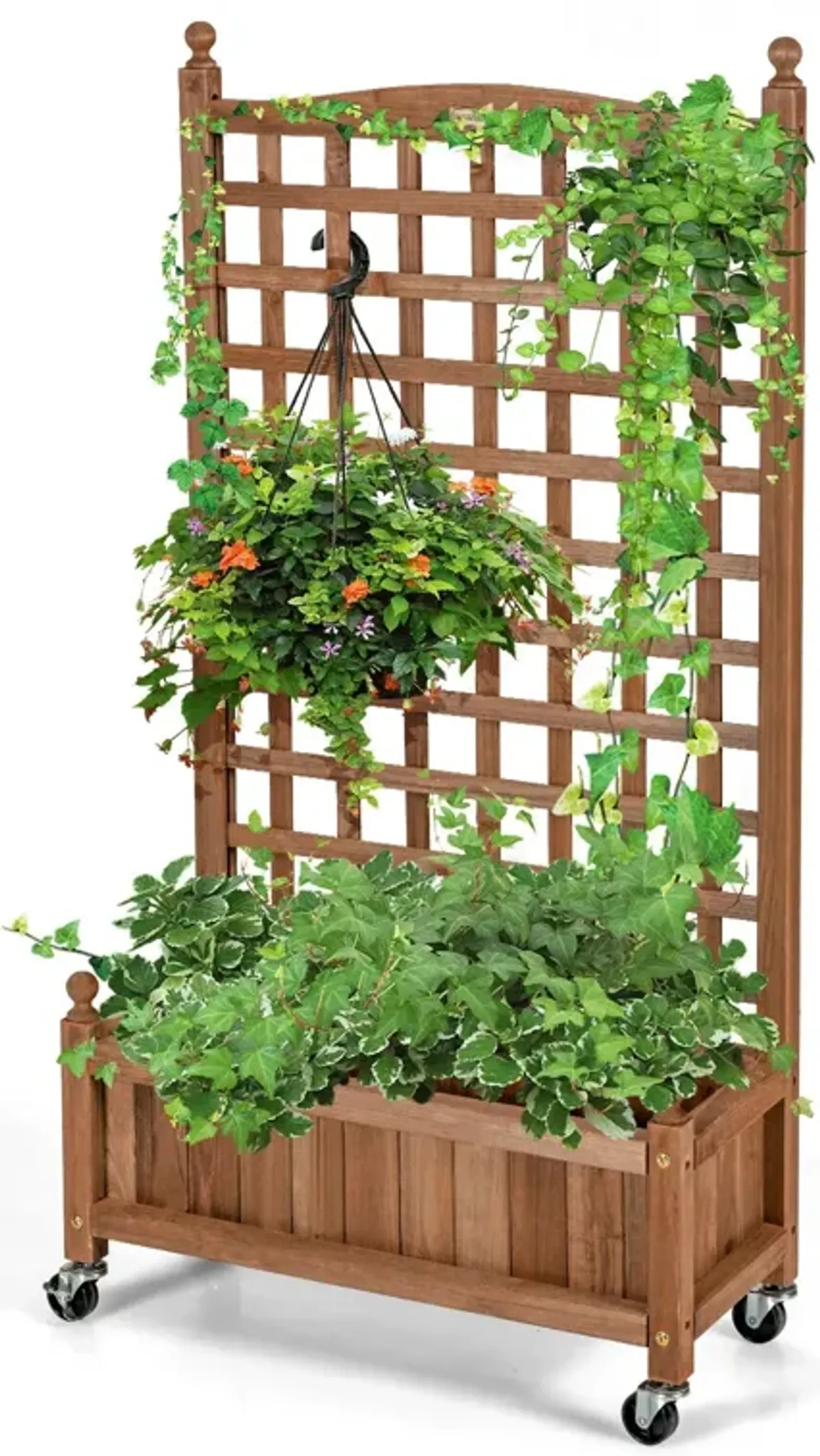 50 Inch Wood Planter Box with Trellis Mobile Raised Bed for Climbing Plant