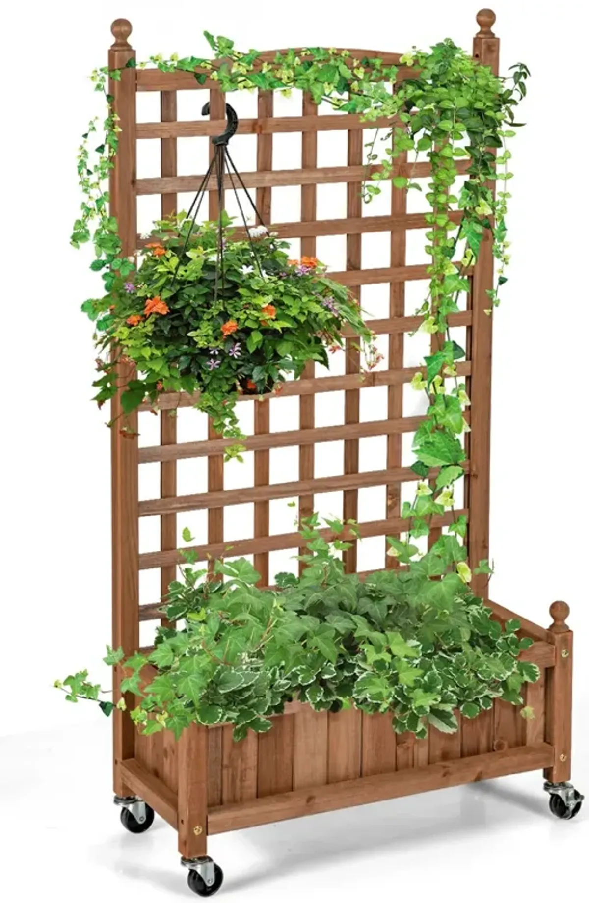 50 Inch Wood Planter Box with Trellis Mobile Raised Bed for Climbing Plant