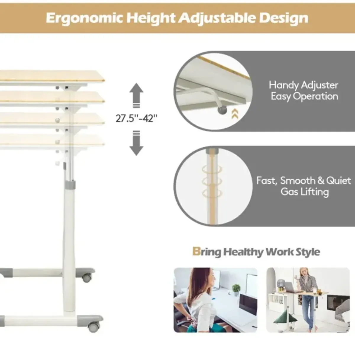 Hivvago Height Adjustable Computer Desk Sit to Stand Rolling Notebook Table