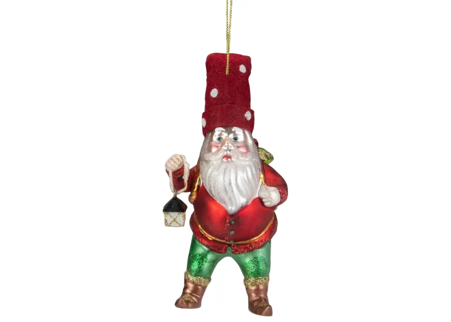 6" Gold and Red Gnome with Lantern and Flower Basket Glass Christmas Ornament