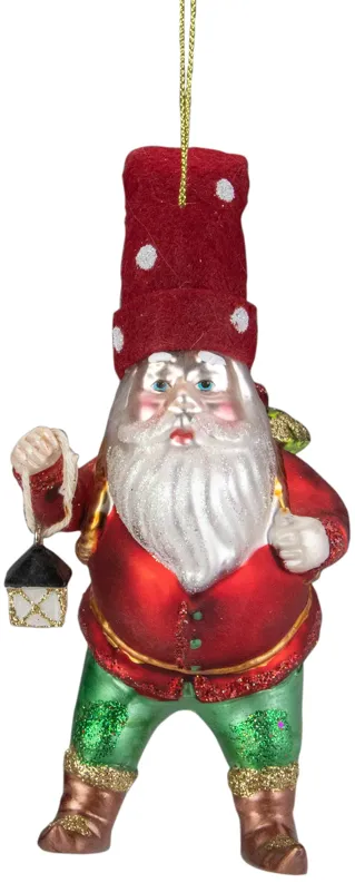 6" Gold and Red Gnome with Lantern and Flower Basket Glass Christmas Ornament