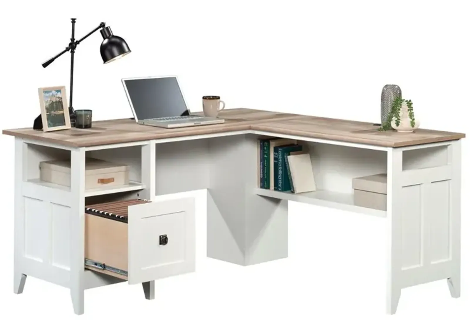 Sauder August Hill  L-Desk Wh Base W/ Loa Top