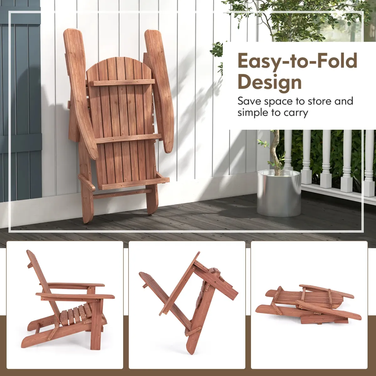 1 Piece Folding Adirondack Chair with High Backrest and Wide Armrests