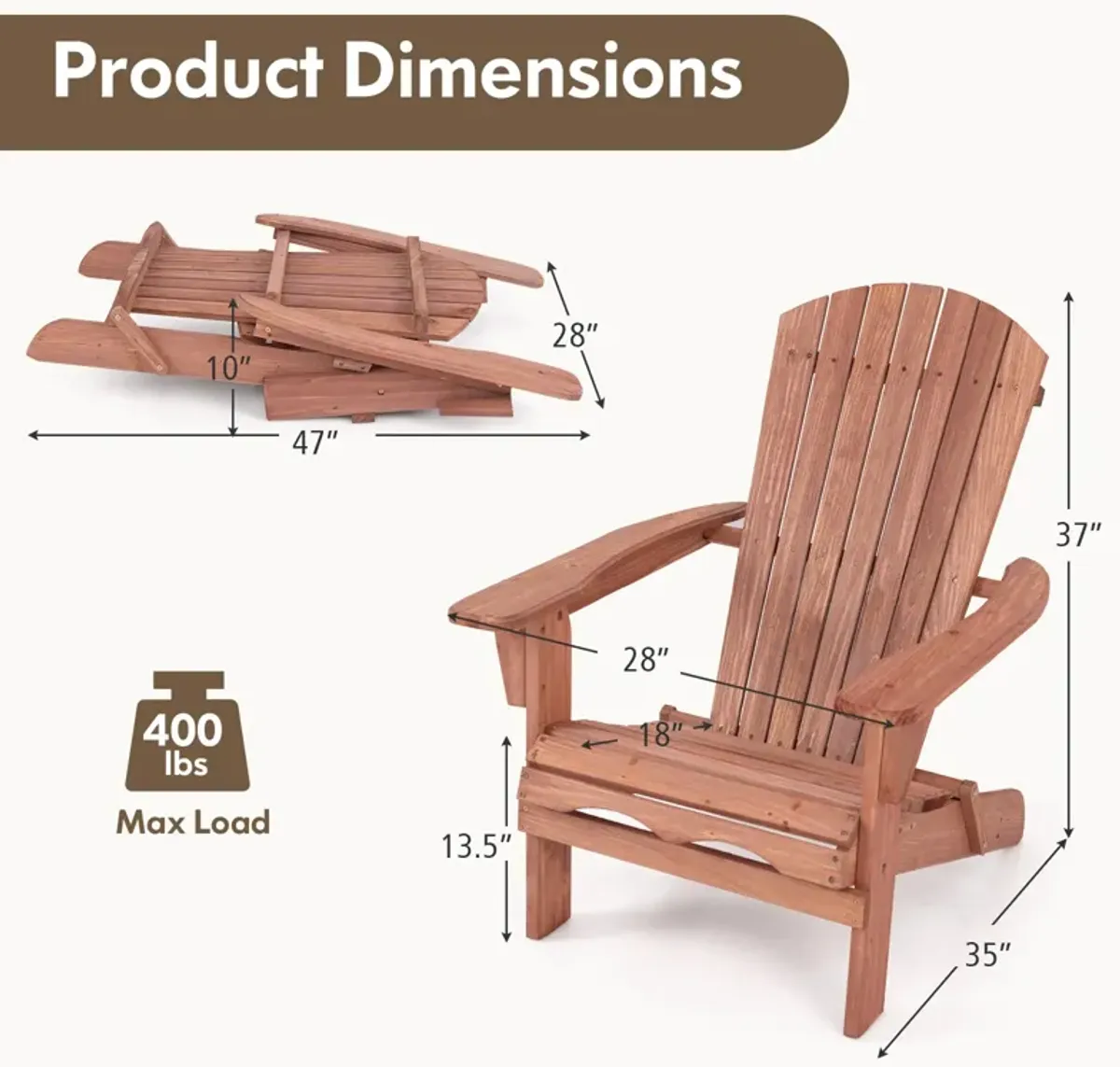 1 Piece Folding Adirondack Chair with High Backrest and Wide Armrests