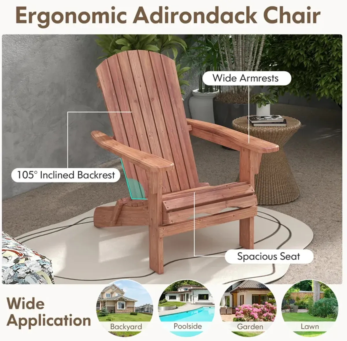 1 Piece Folding Adirondack Chair with High Backrest and Wide Armrests