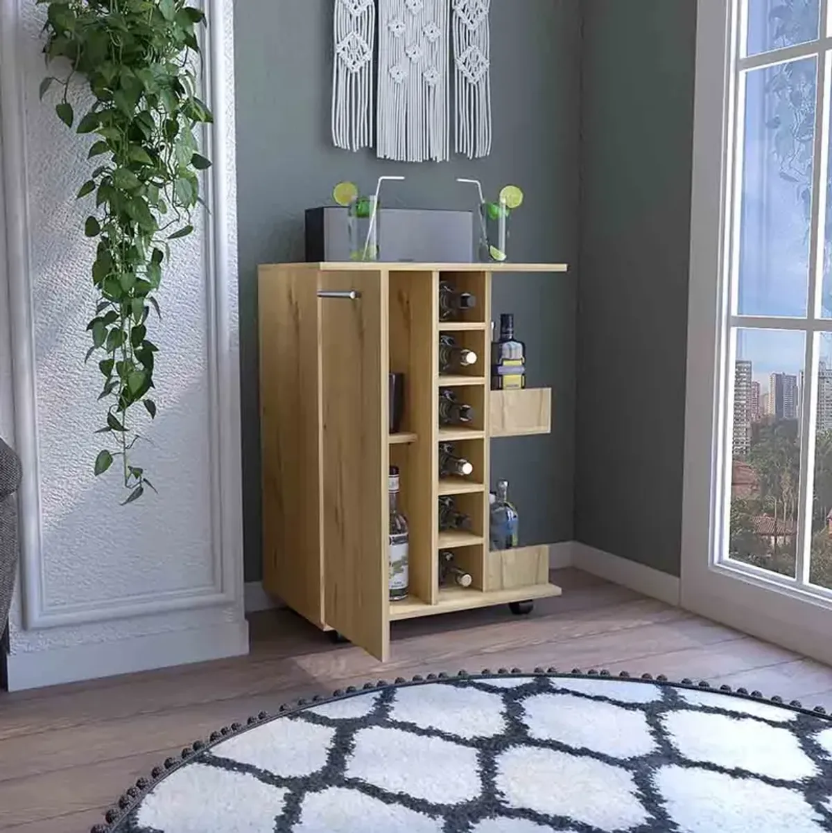 Bar Cart Wells, Living Room, Light Oak