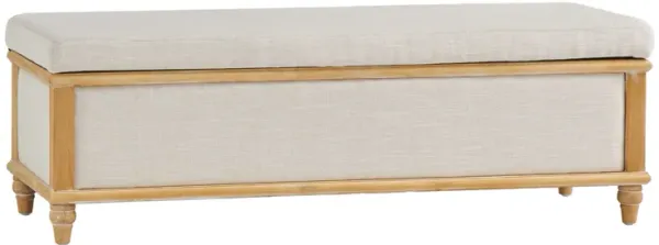 Patty Storage Ottoman Bench, White Fabric, Natural Brown Wood, 49 Inch -Benzara