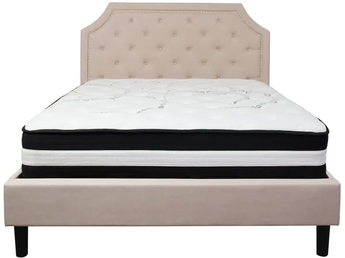 Brighton Queen Size Tufted Upholstered Platform Bed in Beige Fabric with Pocket Spring Mattress