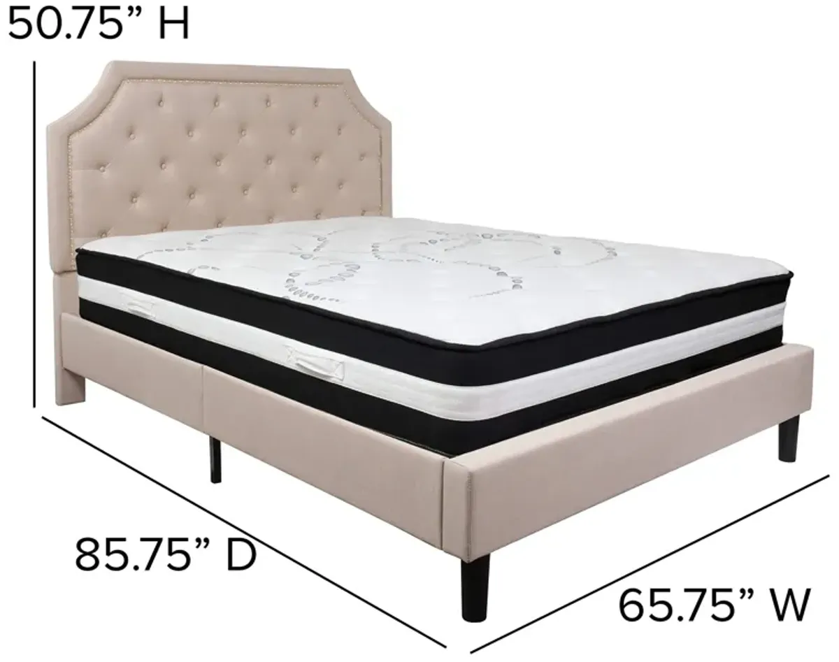 Brighton Queen Size Tufted Upholstered Platform Bed in Beige Fabric with Pocket Spring Mattress